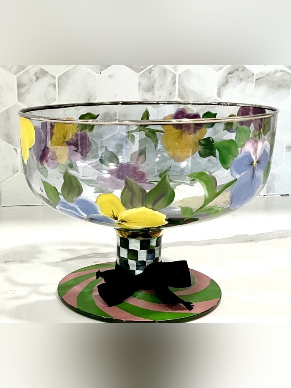 Vintage MacKensie Childs Glass Courtly Checked Footed Pansy Compote Bowl Sticker